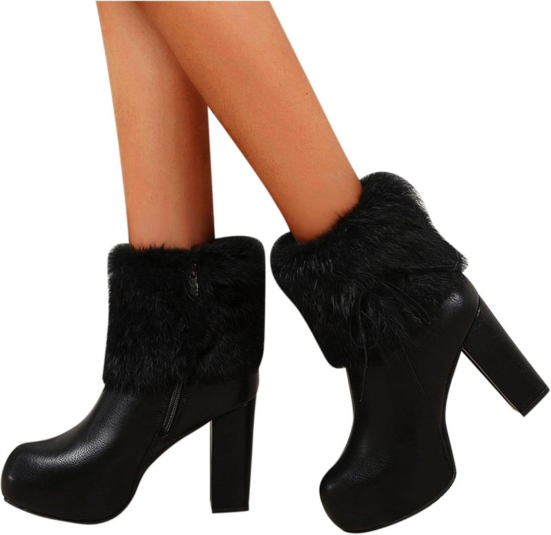 woobles Winter Boot for Women,Women Round Toe Platform Booties Ladies Cute Chunky High Heel Snow Ankle Boot Wedge Zipper Slip On Boot Causal Walking Dress Shoe, Black-2, 11 - Image 3